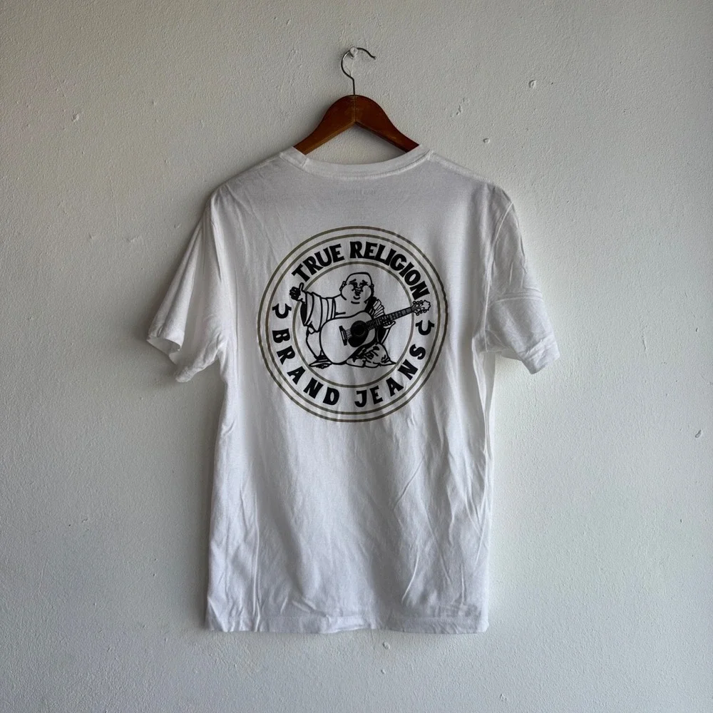 True Religion Mens Size Large Graphic Tshirt White Logo Back Print